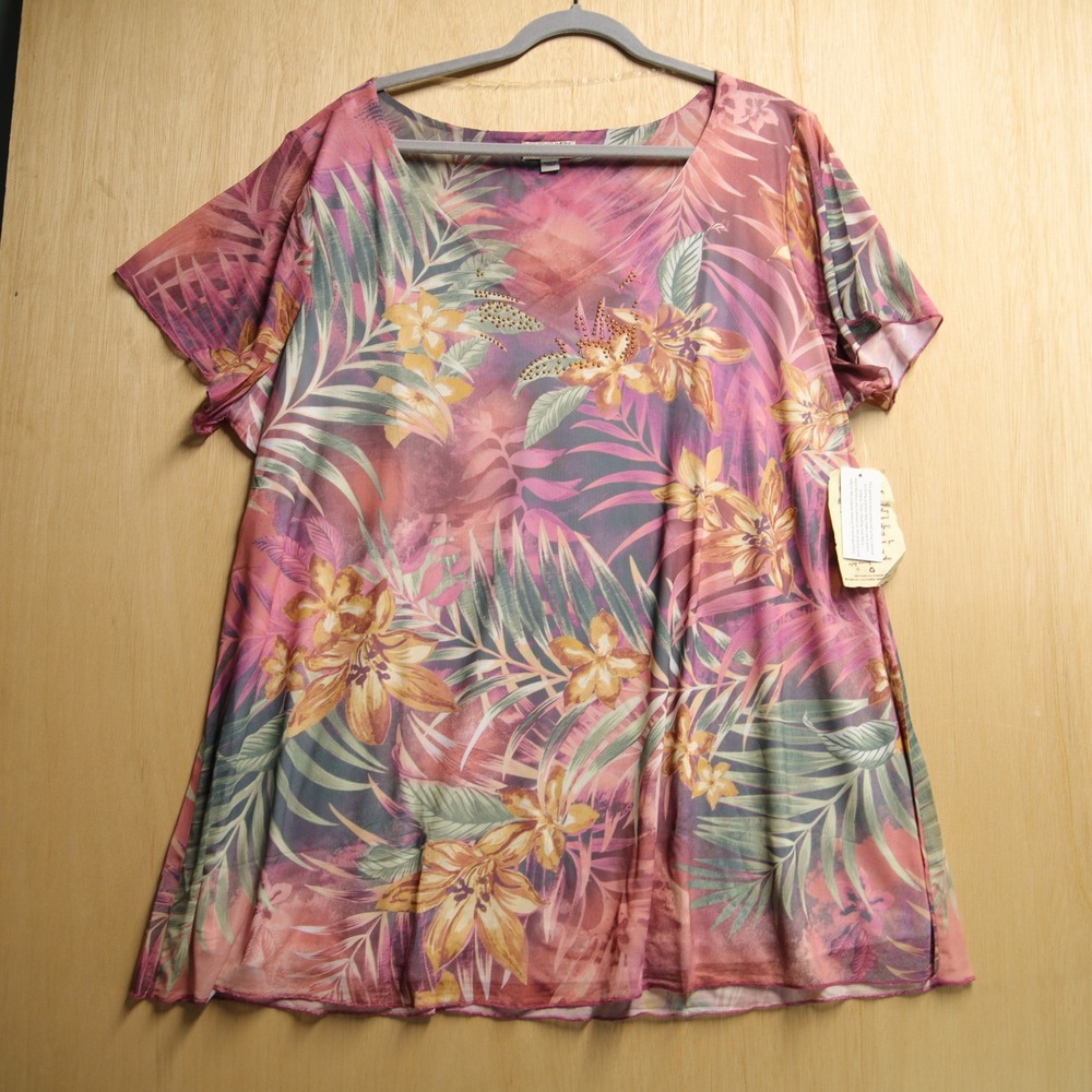 One World Live and Let Live Tropical Floral Mesh Tunic Top Pink Purple 3X NEW